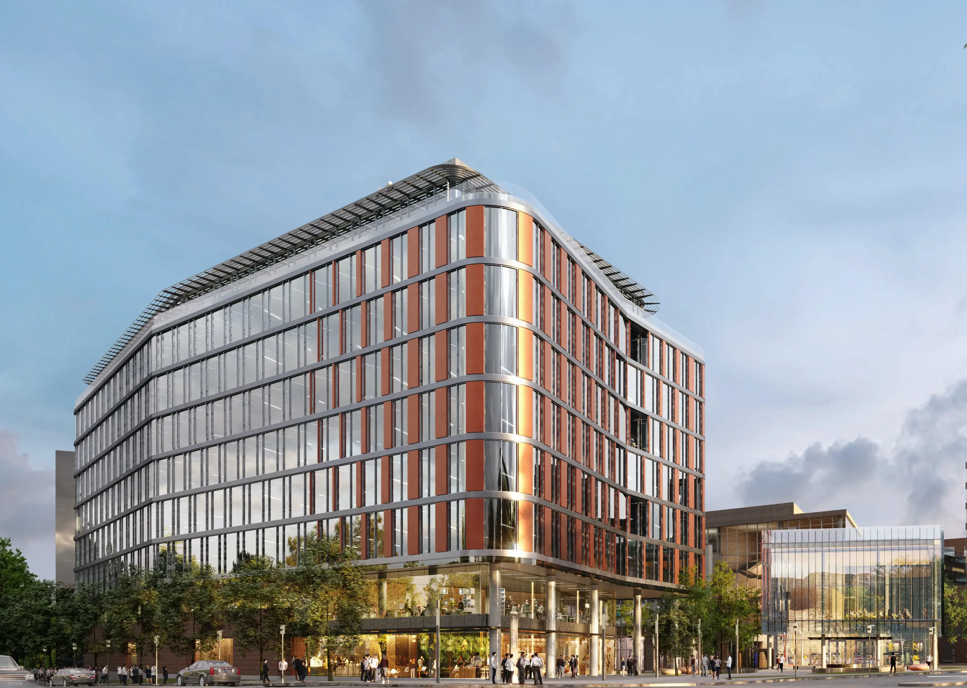 Rendering of a building at Discovery point with floors of bright and wide windows overlooking green spaces