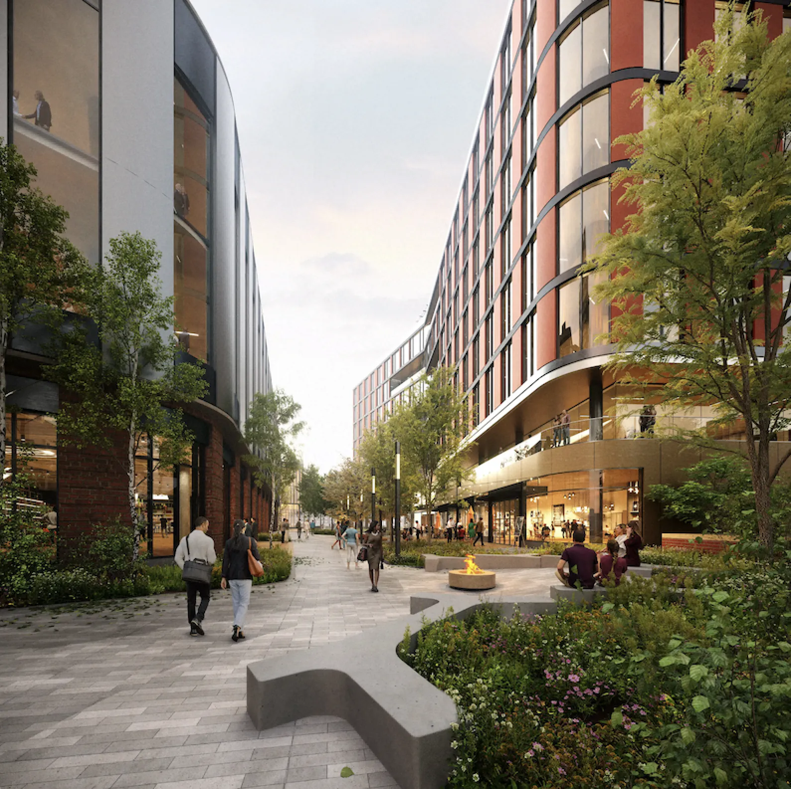 Discovery Point Activated, A communal green space in Discovery point flanked by bright modern buildings. pedestrians freely walk and mingle around open seating areas