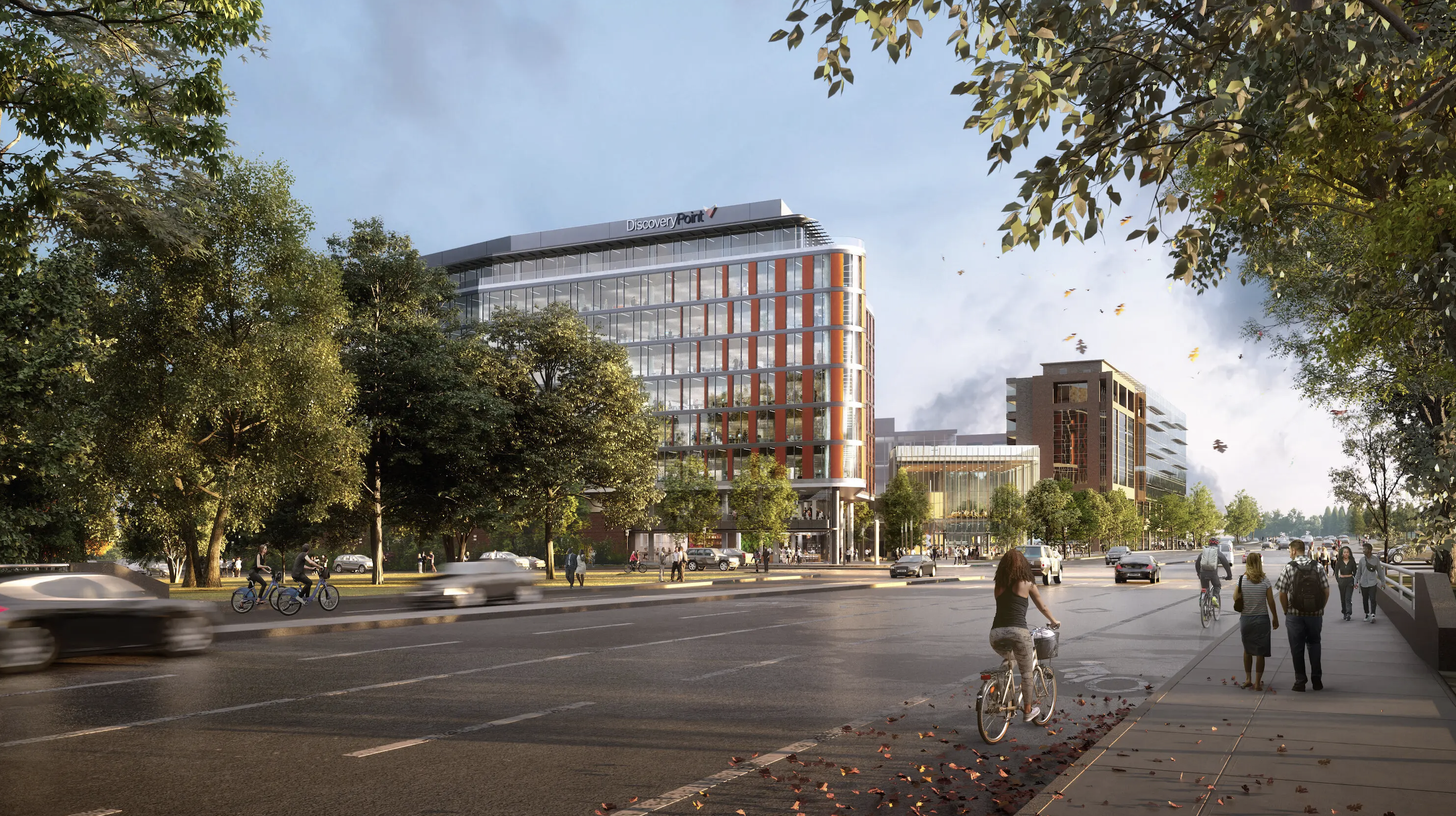 Discovery Point on Baltimore Avenue, as pedestrians bicyclists, and cars safely commute through the space