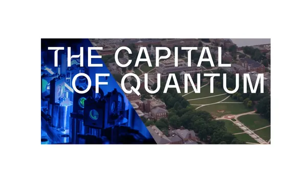 Split image of quantum technology and aerial view of the University of Maryland, College Park campus McKeldin Mall.