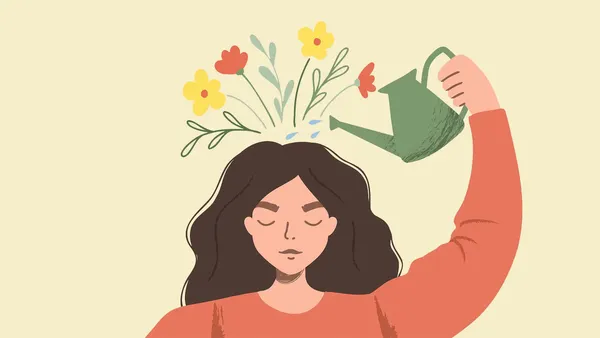 Graphic of woman holding a watering can, pouring water on her head as flowers bloom from the top of it